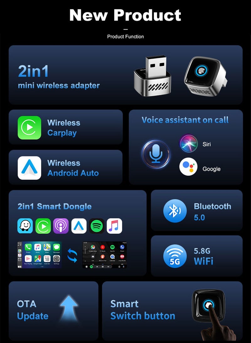 Chillspace Upgrade Mini 2-in-1 Wireless CarPlay & Android Auto Adapter, Plug & Play Dongle for iPhone & Android,Auto Connect,Wi-Fi 6 & Bluetooth 5.4,with All-in-One Control Button One-Tap Disconnect & Easy Switch, Small & Fast - Image 2